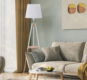 Wysoka lampa stojąca podłogowa biała z drewnem i stolikiem VAIO WHITE