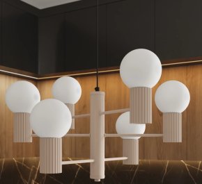 Długi żyrandol nowoczesny kaszmirowy klosze białe kule HALO TAUPE